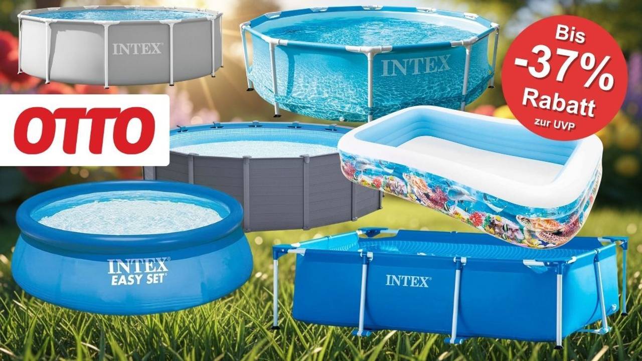 Collage verschiedener Intex Pools im OTTO Sale – Easy Set Aufstellpool, Metal Frame Rundpool, Graphite Framepool und aufblasbarer Familienpool mit Unterwassermotiv, alle mit bis zu 37 Prozent Rabatt zur UVP