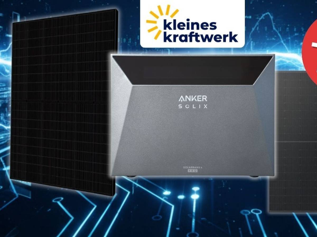Anker SOLIX Solarbank 4 Pro Speicher mit Solarmodulen vor blauem, digitalen Hintergrund, Logo von Kleines Kraftwerk.