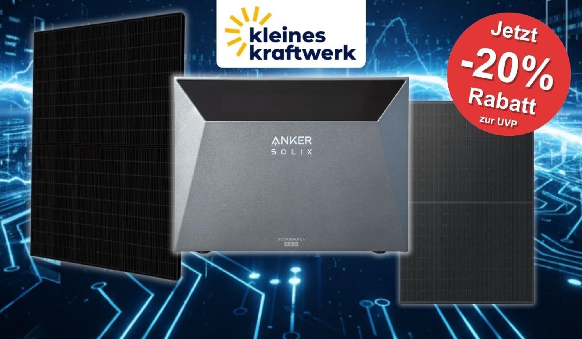 Anker SOLIX Solarbank 4 Pro Speicher mit Solarmodulen vor blauem, digitalen Hintergrund, Logo von Kleines Kraftwerk.