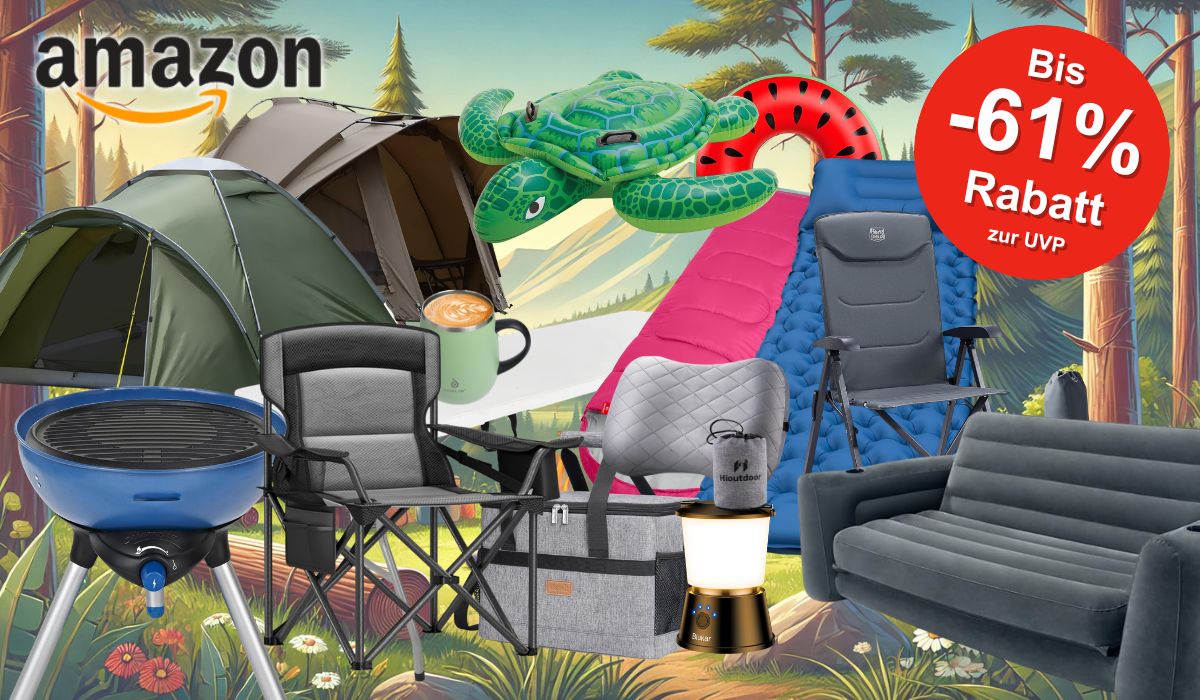 Auf dem Bild ist eine Collage aus diversen Camping Utensilien zu sehen, die zum nächsten Camping Urlaub einlädt.