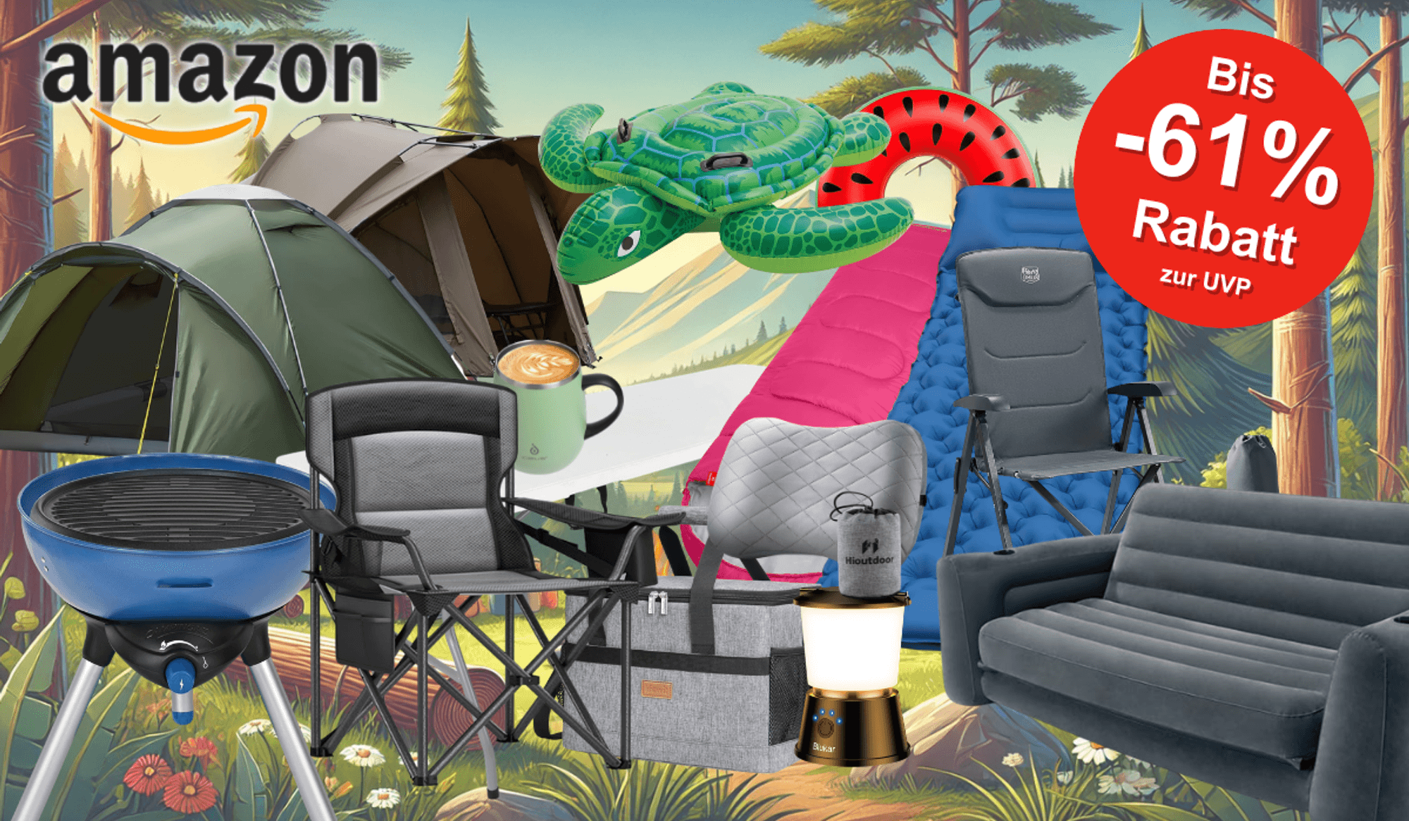 Auf dem Bild ist eine Collage aus diversen Camping Utensilien zu sehen, die zum nächsten Camping Urlaub einlädt.