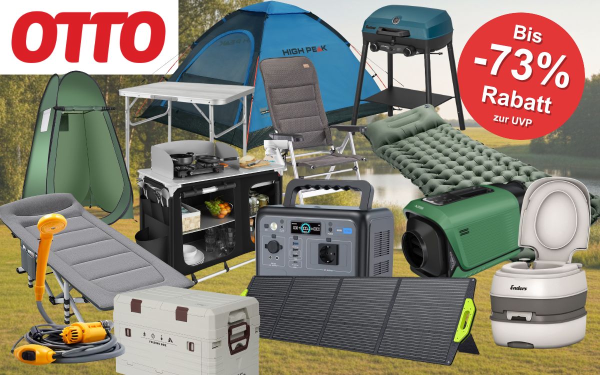 Collage mit Camping-Produkten aus dem OTTO Sale – darunter ein High Peak Kuppelzelt, ein Campingstuhl, ein Klapptisch, eine Campingküche, ein Gasgrill, eine Isomatte, ein Feldbett, eine Powerstation, ein Solarpanel, eine Kühlbox, eine Camping-Klimaanlage und eine portable Toilette von Enders und OTTO-Logo.