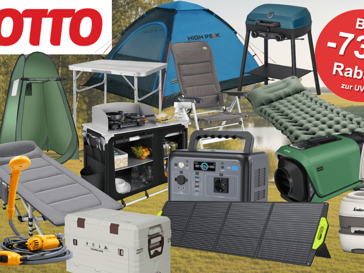 Collage mit Camping-Produkten aus dem OTTO Sale – darunter ein High Peak Kuppelzelt, ein Campingstuhl, ein Klapptisch, eine Campingküche, ein Gasgrill, eine Isomatte, ein Feldbett, eine Powerstation, ein Solarpanel, eine Kühlbox, eine Camping-Klimaanlage und eine portable Toilette von Enders und OTTO-Logo.