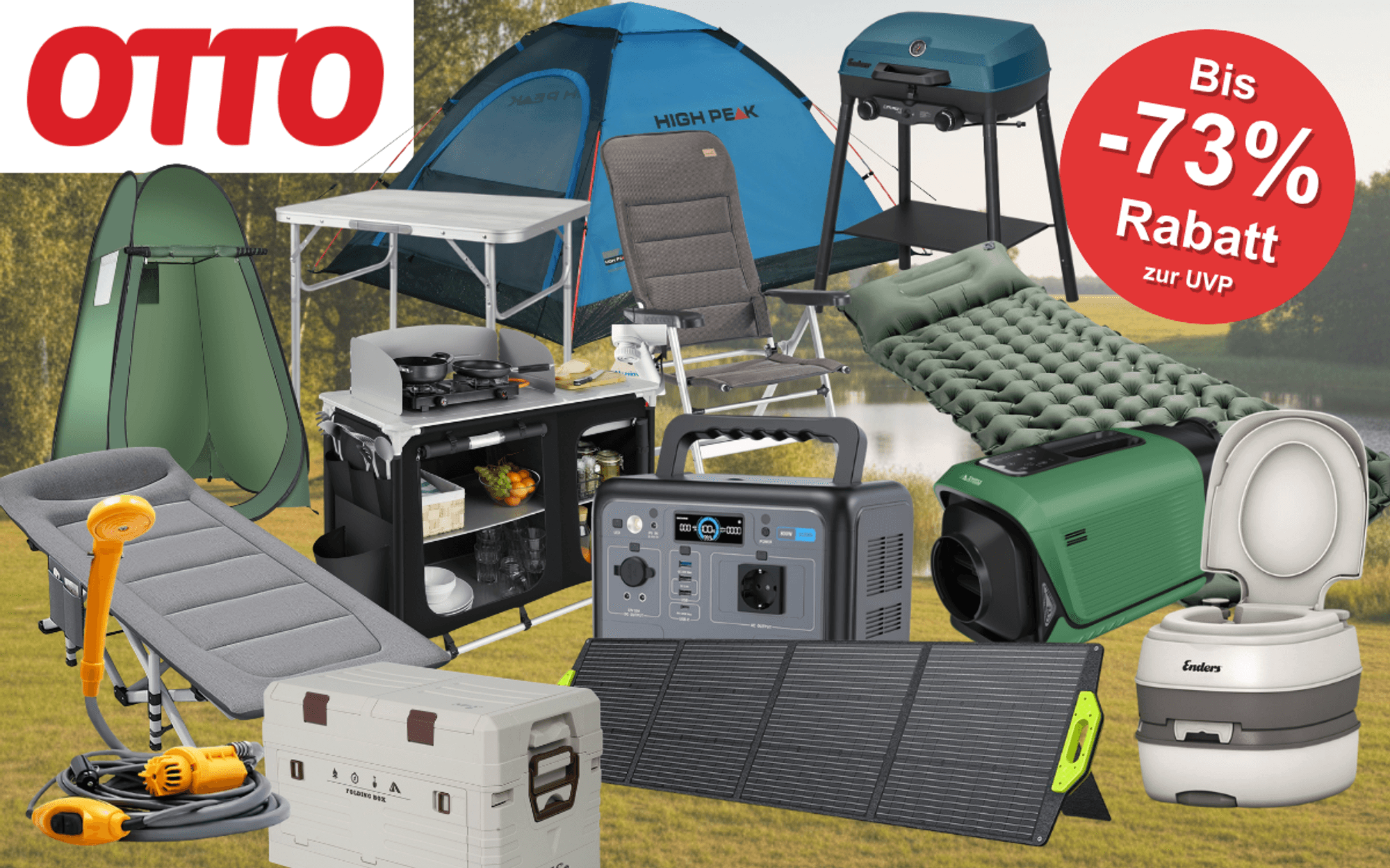 Collage mit Camping-Produkten aus dem OTTO Sale – darunter ein High Peak Kuppelzelt, ein Campingstuhl, ein Klapptisch, eine Campingküche, ein Gasgrill, eine Isomatte, ein Feldbett, eine Powerstation, ein Solarpanel, eine Kühlbox, eine Camping-Klimaanlage und eine portable Toilette von Enders und OTTO-Logo.