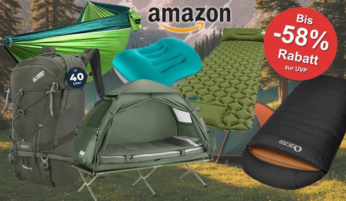 Camping-Produkte, wie Zelt, Hängematte, Isomatte, Schlafsack, Rucksack vor einem Waldhintergrund mit Bergmotiv.