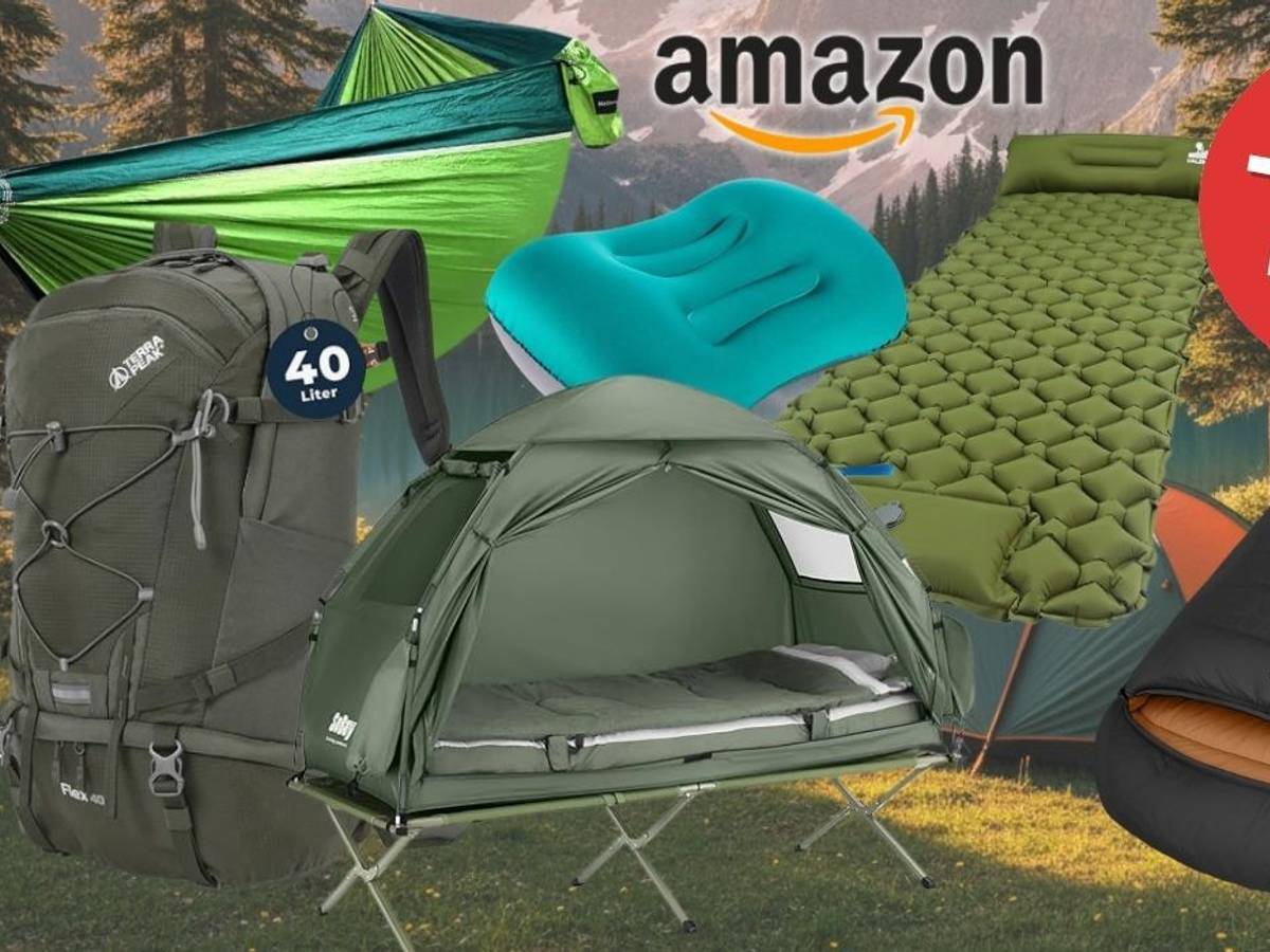 Camping-Produkte, wie Zelt, Hängematte, Isomatte, Schlafsack, Rucksack vor einem Waldhintergrund mit Bergmotiv.