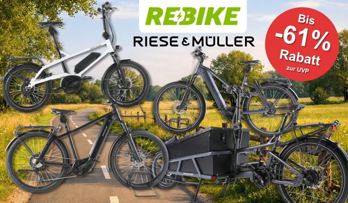 Riese & Müller E-Bike Modelle wie City-Bike und Lastenrad vor einer Landstraße am Waldrand.