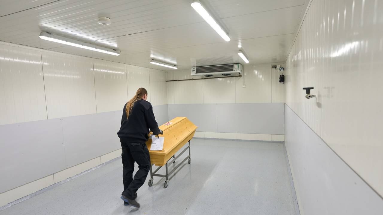 Ein Mitarbeiter des Krematoriums Dachsenhausen bringt einen Sarg in den Kühlraum. Nach der jüngsten Hitzewelle dürfte die Zahl der Todesopfer dramatisch steigen.