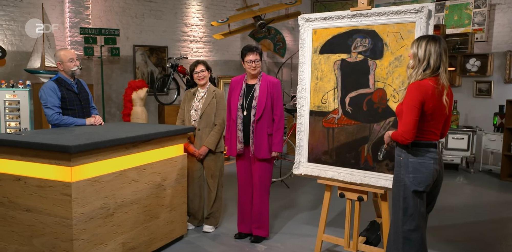 „Das ist sehr ausdrucksstark“, lobte Dr. Bianca Berding das Werk von Christian Peschke. Das Gemälde vereinte unter anderem Kubismus und Surrealismus und wurde auf 1.500 bis 1.800 Euro geschätzt. (Bild: ZDF)