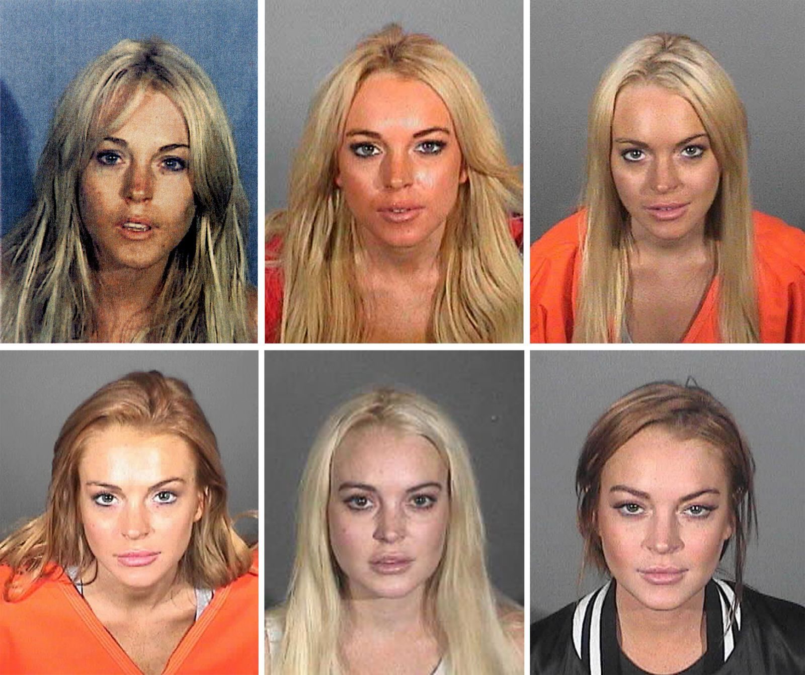 Bald folgte der Absturz: Die Skandalakte der Lindsay Lohan ist lang. Die Collage zeigt diverse Fotos, die nach Verhaftungen entstanden. (Bild: 2007 Los Angeles County Sheriff's Department/Handout)