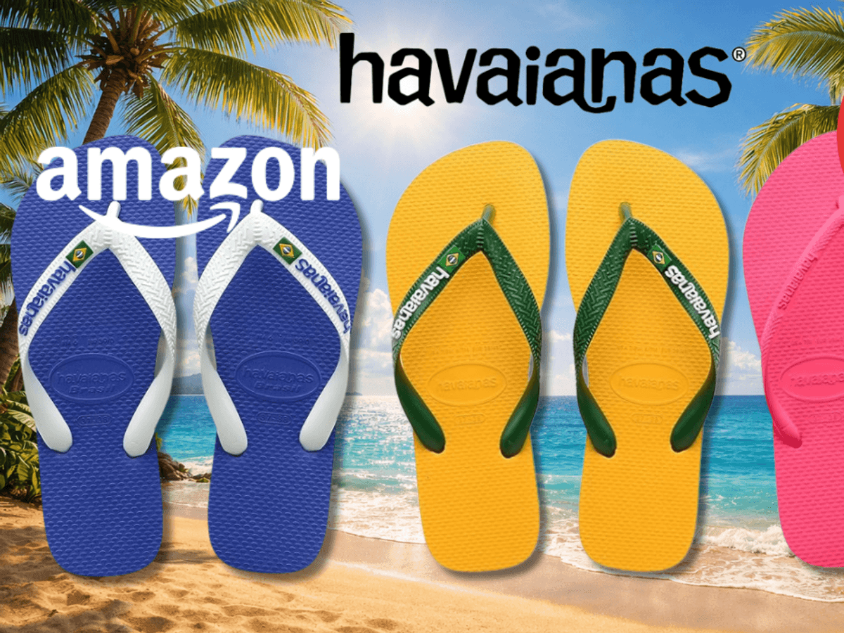 3 Havaianas Modelle vor einem Strandhintergrund.
