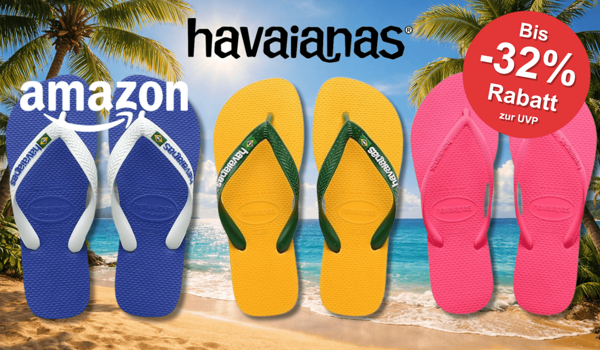 3 Havaianas Modelle vor einem Strandhintergrund.