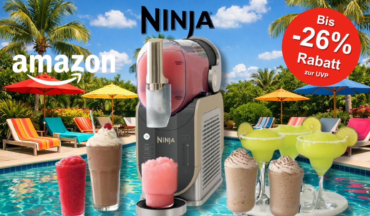 Die Ninja SLUSHi mit Eisgetränken, Frappés und Daiquiris vor einem Pool.