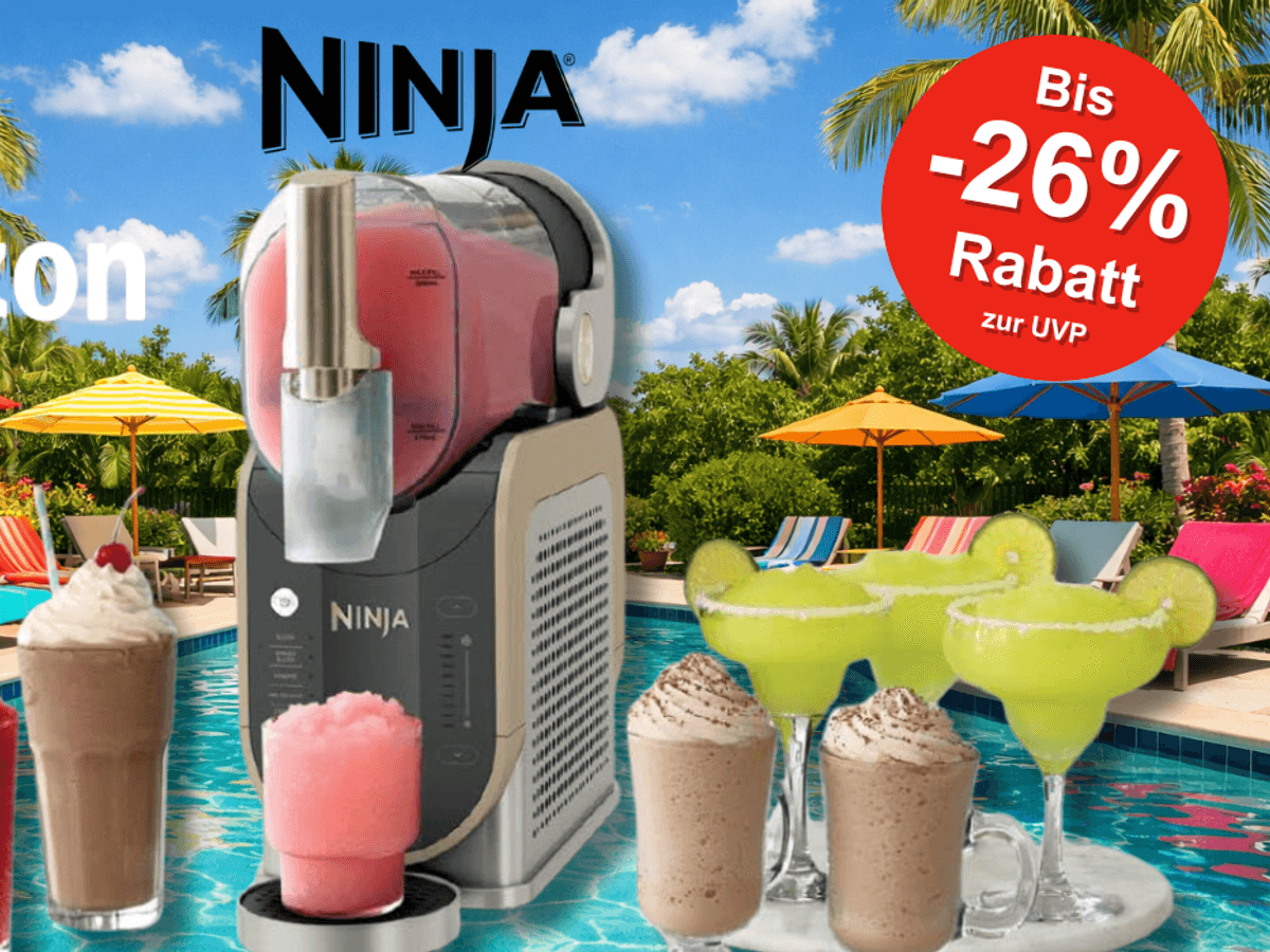 Die Ninja SLUSHi mit Eisgetränken, Frappés und Daiquiris vor einem Pool.