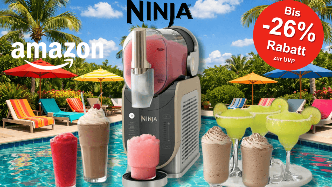 Die Ninja SLUSHi mit Eisgetränken, Frappés und Daiquiris vor einem Pool.