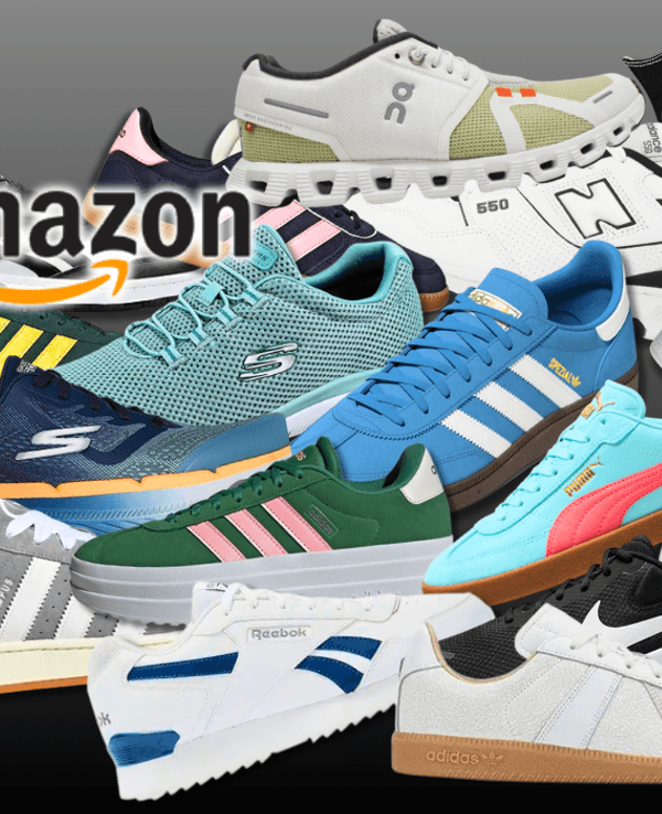 Sneaker Modelle von Nike, adidas, Skechers, On, Puma, New Balance, Vans, Asics, Reebok, Converse und mehr vor einem dunklen Hintergrund.