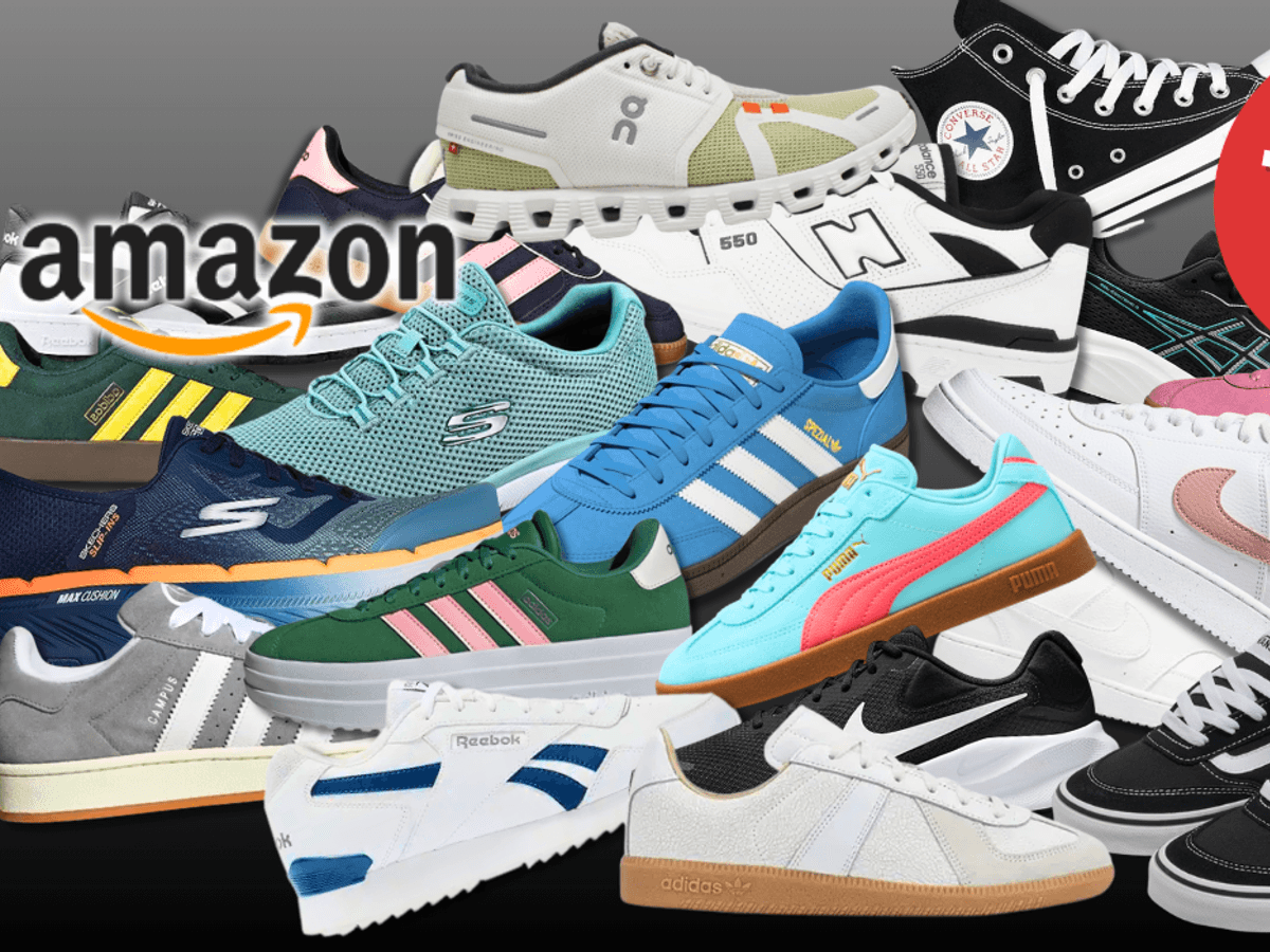 Sneaker Modelle von Nike, adidas, Skechers, On, Puma, New Balance, Vans, Asics, Reebok, Converse und mehr vor einem dunklen Hintergrund.