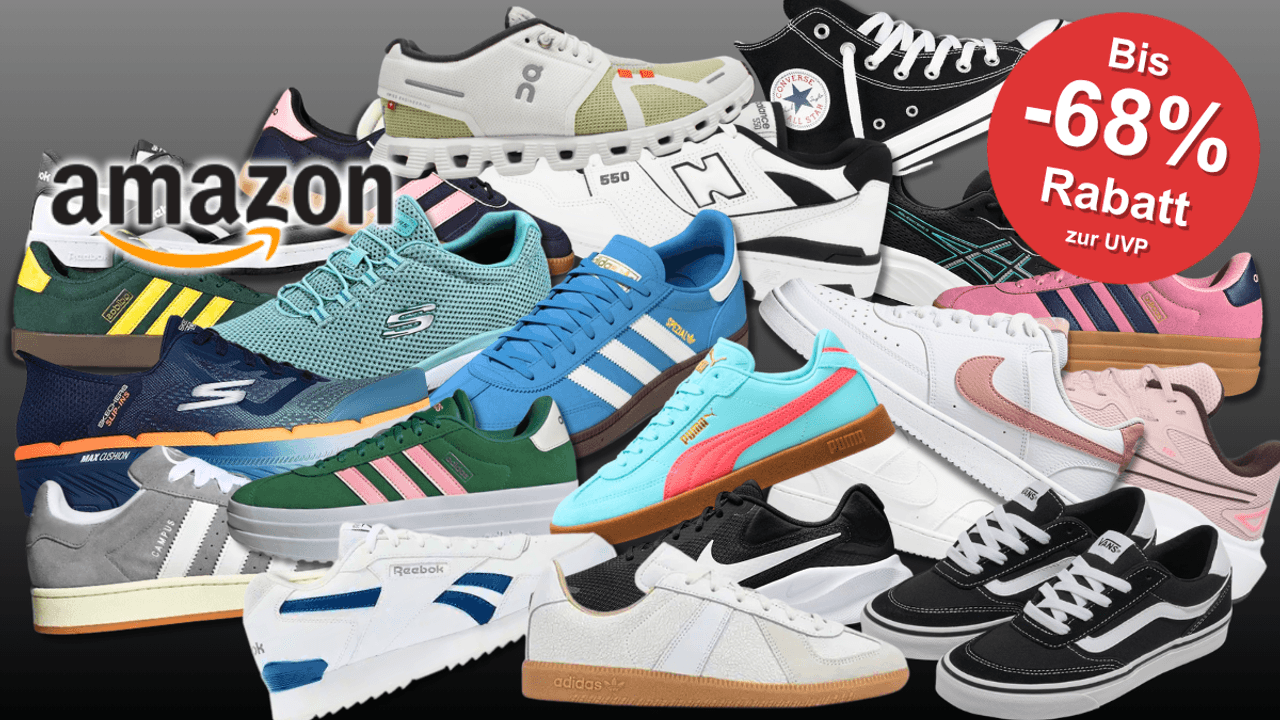 Sneaker Modelle von Nike, adidas, Skechers, On, Puma, New Balance, Vans, Asics, Reebok, Converse und mehr vor einem dunklen Hintergrund.