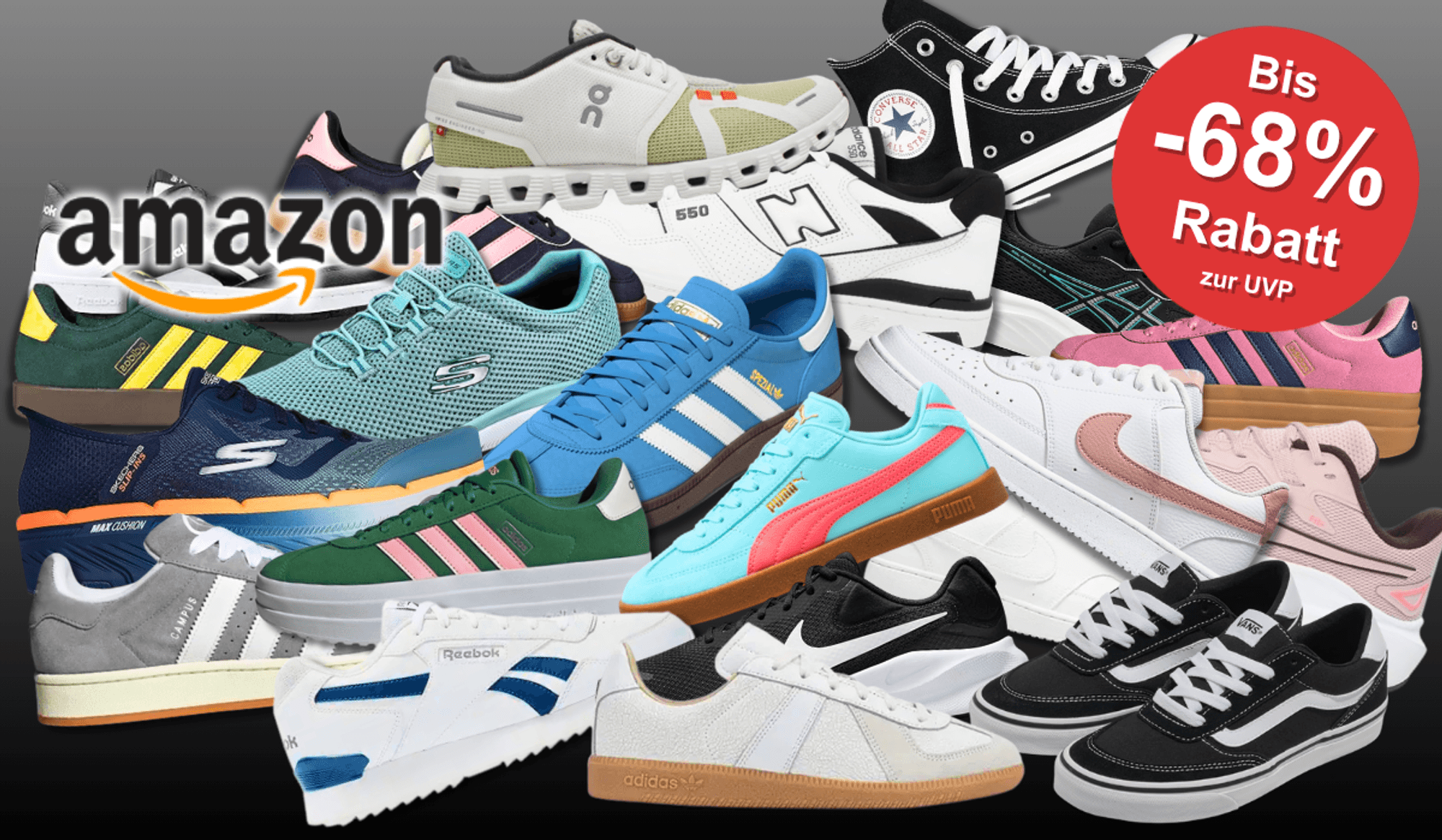 Sneaker Modelle von Nike, adidas, Skechers, On, Puma, New Balance, Vans, Asics, Reebok, Converse und mehr vor einem dunklen Hintergrund.