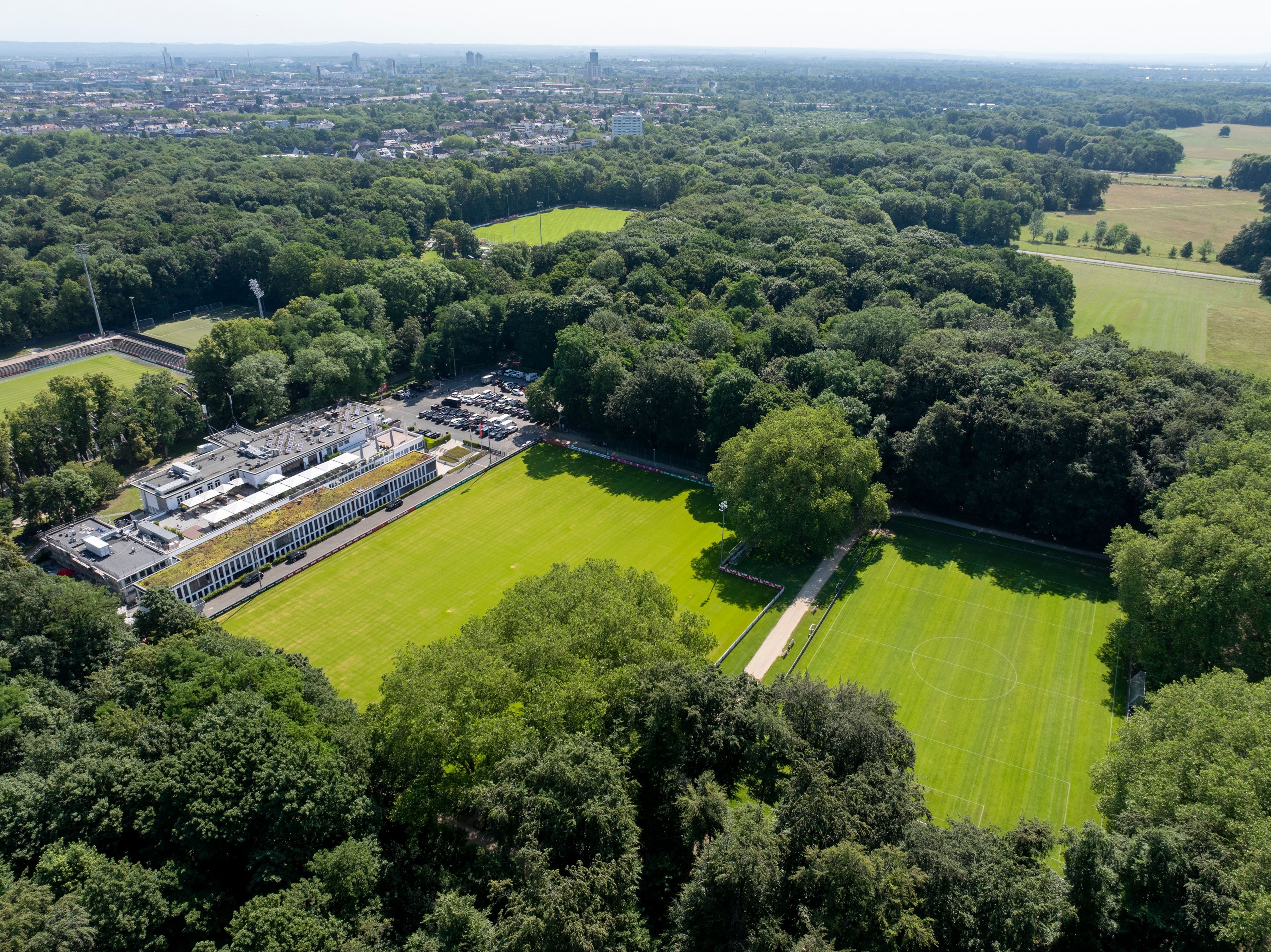 Luftaufnahme des Geißbockheims: Der Trainingsplatz 2 (vorne rechts) soll modernisiert werden. Neben dem Franz-Kremer-Stadion (links) entsteht das neue Leistungszentrum.