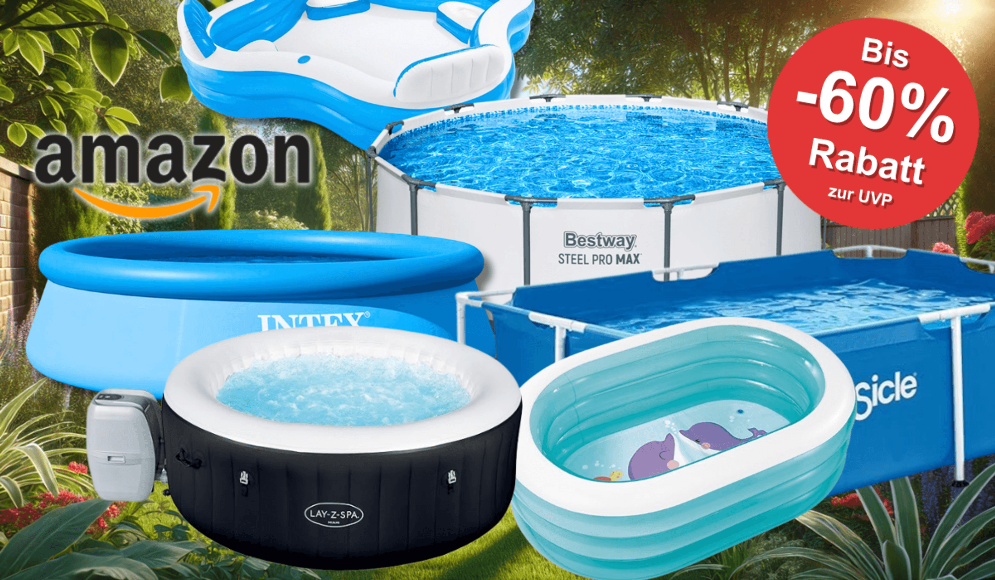 Auf dem Bild sind unterschiedliche Pool Arten aufgelistet, die sich bei Amazon aktuell im Sale befinden.