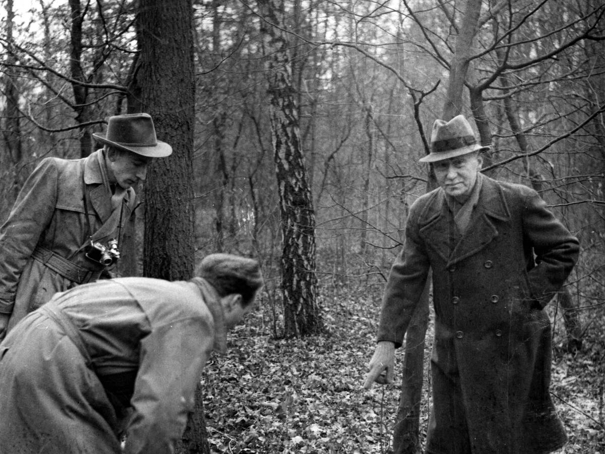 Der pensionierte Postbeamte Georg Binder (65) zeigt im Februar 1954 Journalisten in einem Wald am Stadtrand von Köln, wo er die Leiche von Ronald Chesney gefunden hatte, nachdem dieser sich durch einen Schuss das Leben genommen hatte.