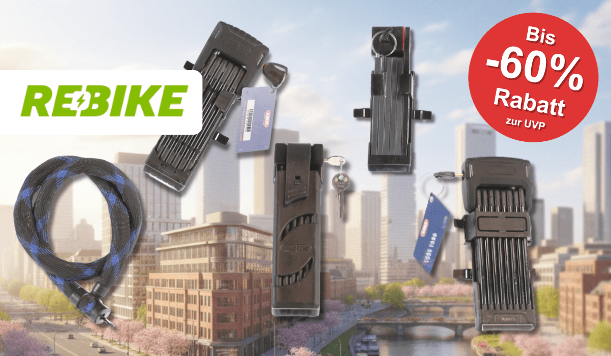 5 refurbished Schlösser von Abus vor einer Skyline.