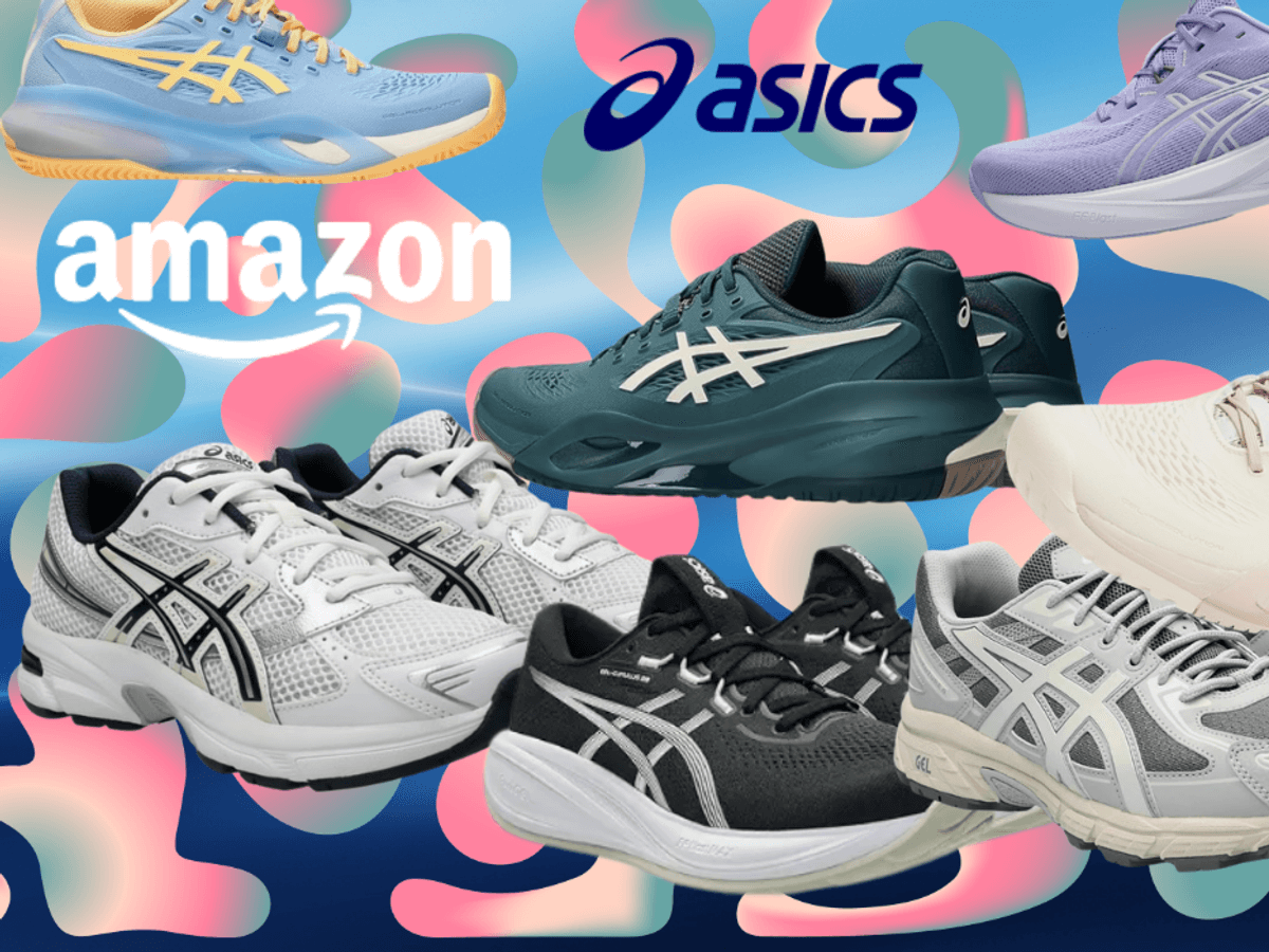 Eine Auswahl bunter Asics Laufschuhe vor einer stilisierten Straßen- und Waldlandschaft im Sonnenuntergang.