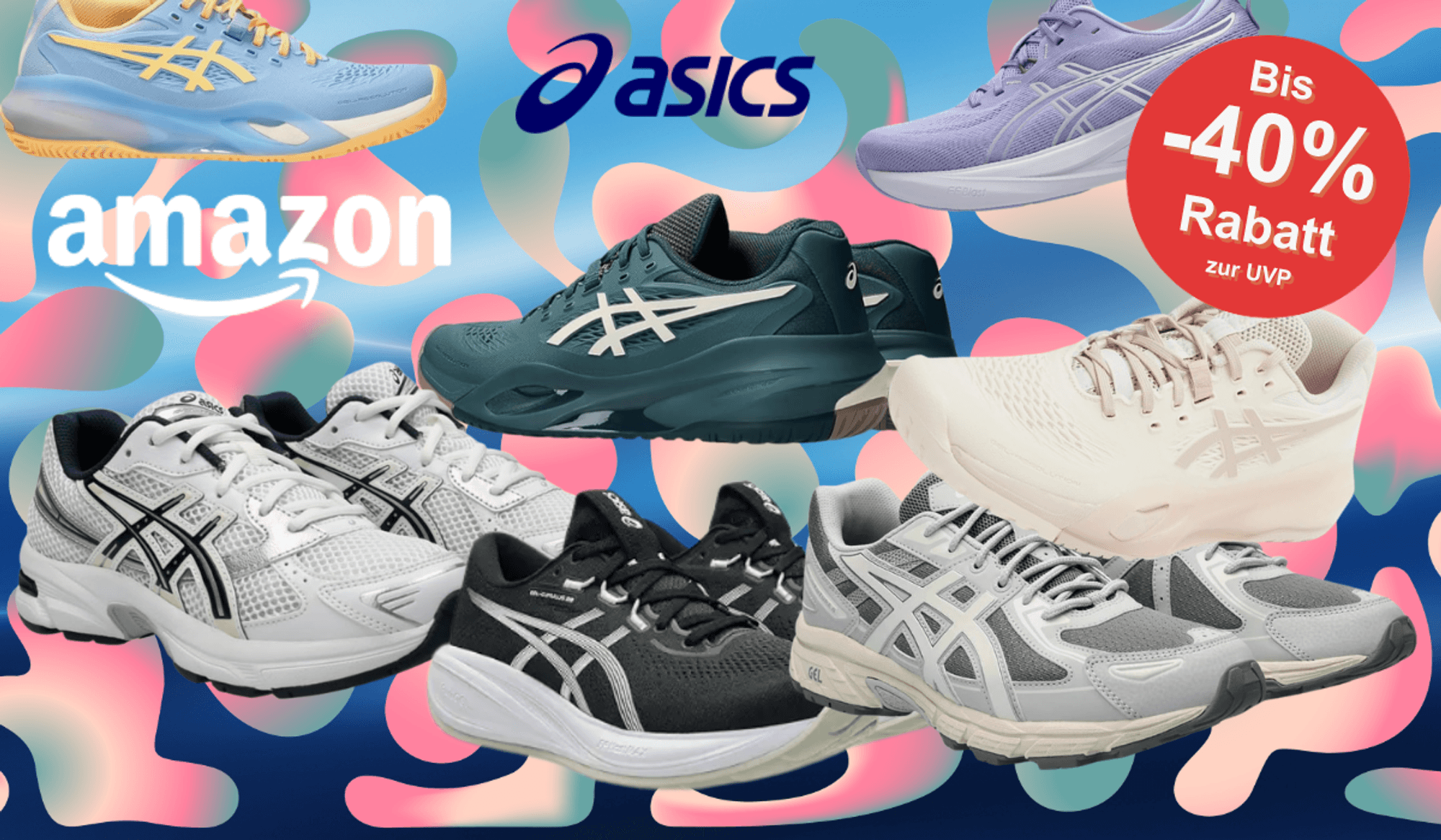 Eine Auswahl bunter Asics Laufschuhe vor einer stilisierten Straßen- und Waldlandschaft im Sonnenuntergang.