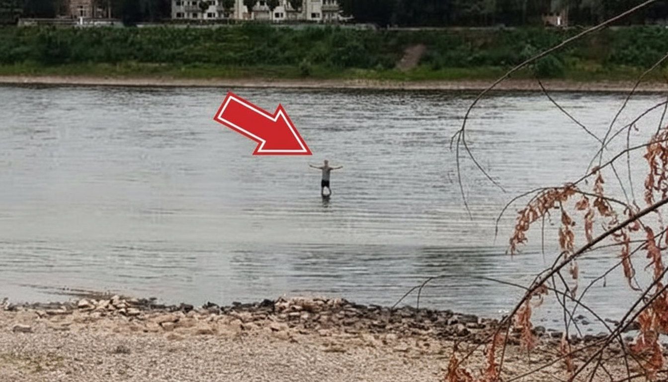 Ein Mann steht bei Niedrigwasser im Rhein in Köln-Niehl. Könnte man durch den Fluss laufen?