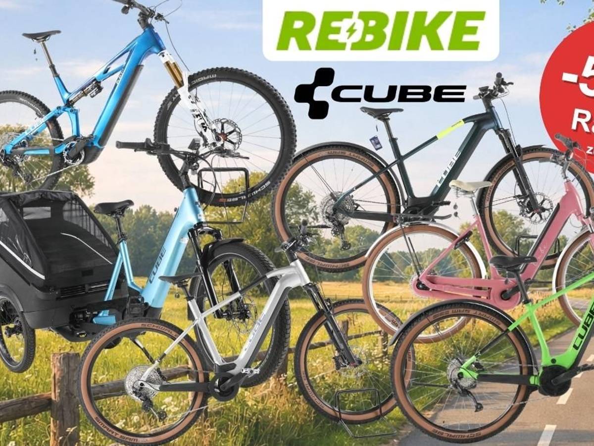 Cube E-Bikes, City Bikes, Mountainbikes, Lastenrad vor einer sommerlichen Landstraße im Grünen mit Bäumen und Wiesen im Hintergrund.