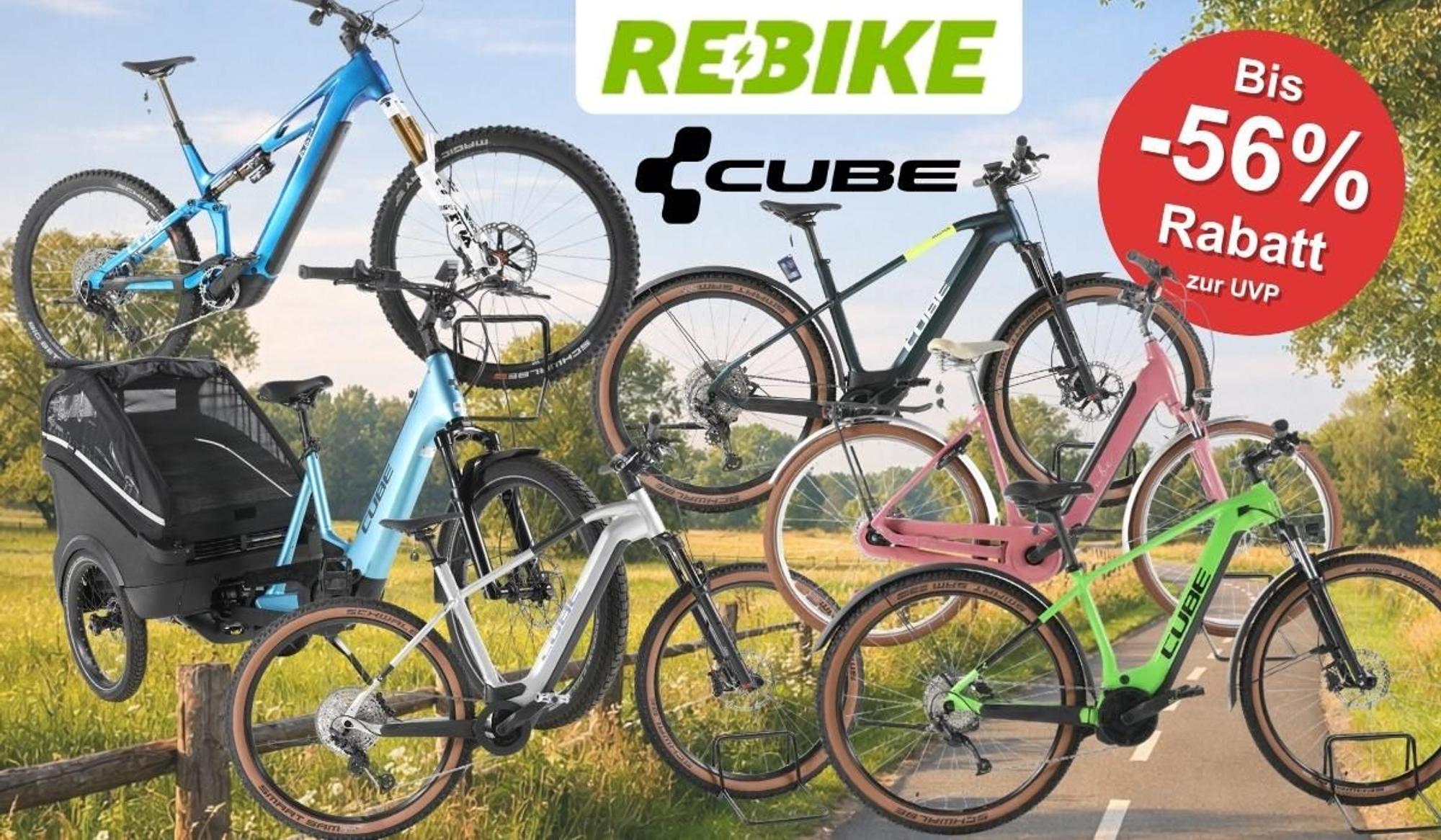 Cube E-Bikes, City Bikes, Mountainbikes, Lastenrad vor einer sommerlichen Landstraße im Grünen mit Bäumen und Wiesen im Hintergrund.
