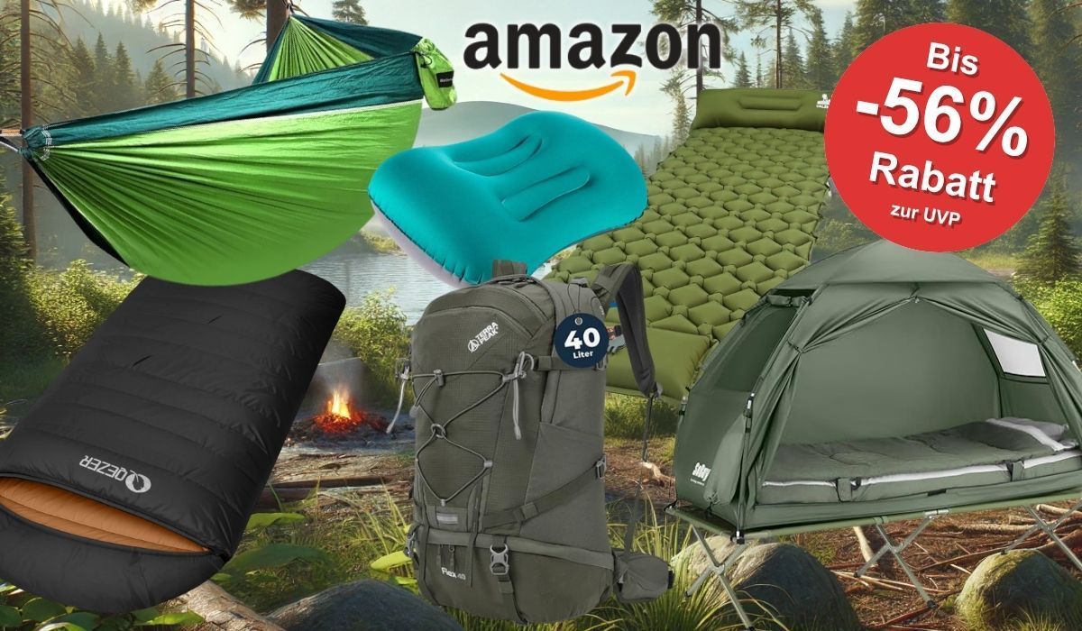 Camping-Produkte, wie Zelt, Hängematte, Isomatte, Schlafsack, Rucksack vor einem Waldhintergrund mit einem See.
