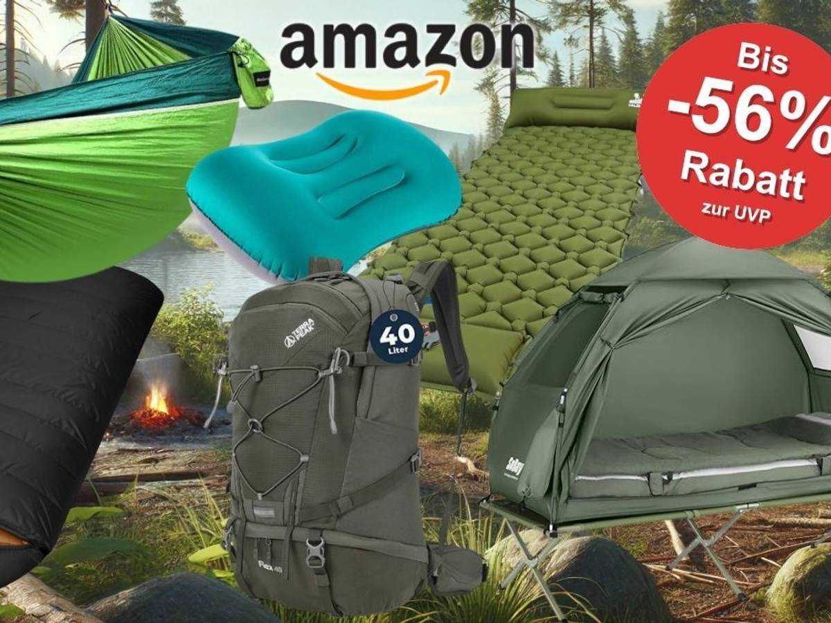 Camping-Produkte, wie Zelt, Hängematte, Isomatte, Schlafsack, Rucksack vor einem Waldhintergrund mit einem See.