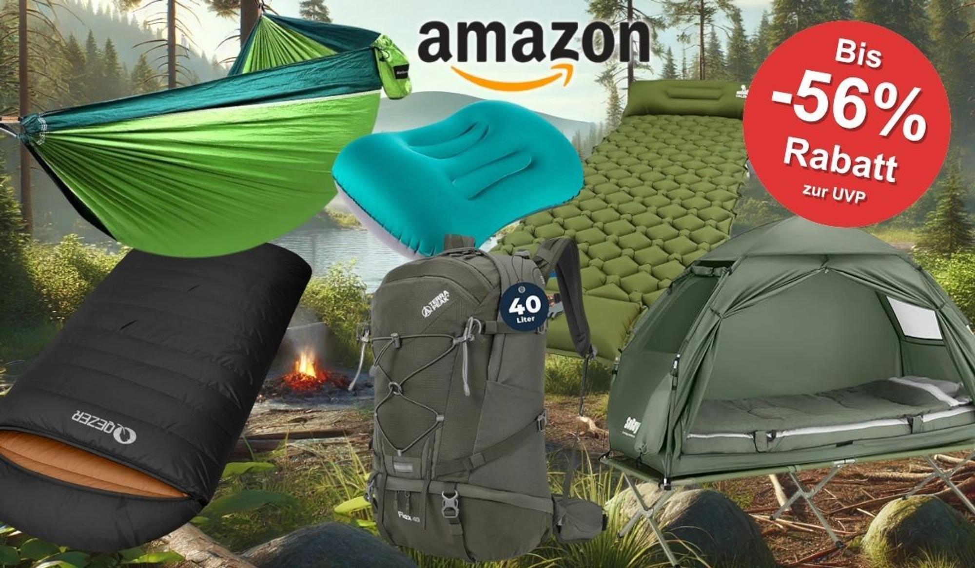 Camping-Produkte, wie Zelt, Hängematte, Isomatte, Schlafsack, Rucksack vor einem Waldhintergrund mit einem See.