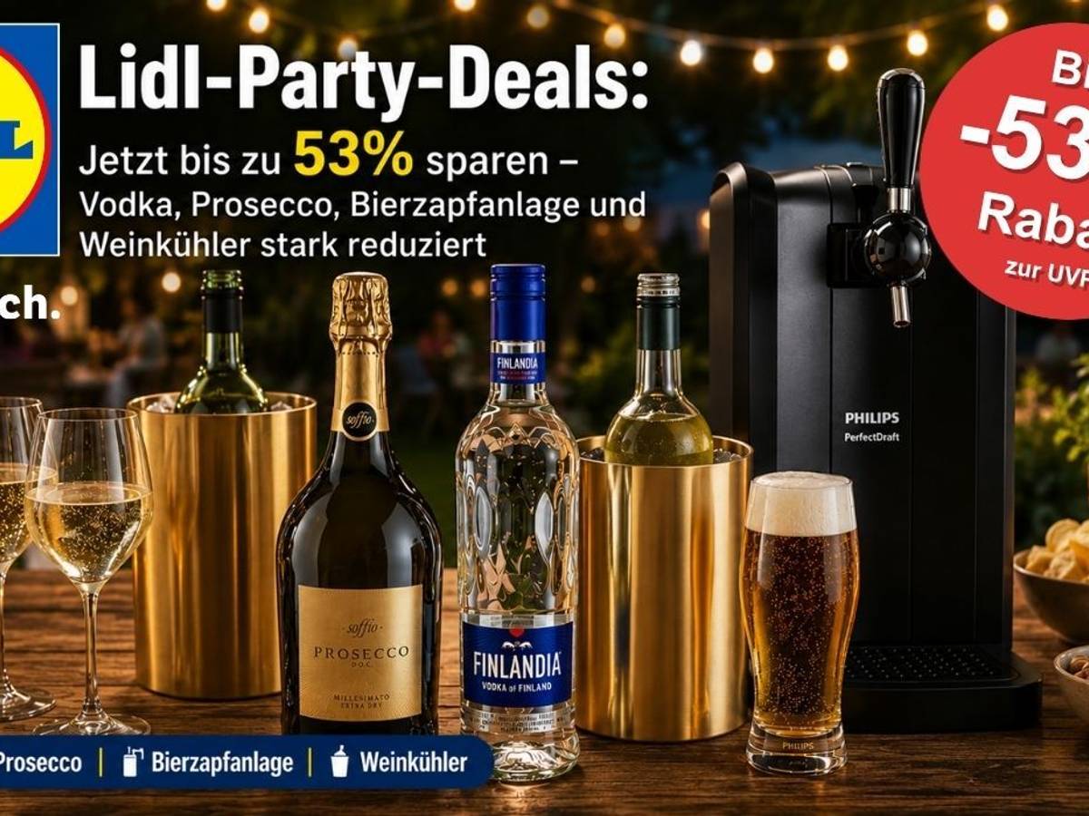 Philips PerfectDraft Bierzapfanlage, Finlandia Vodka, italienischer Prosecco und passendes Barzubehör auf einer Bartheke aufgereiht.