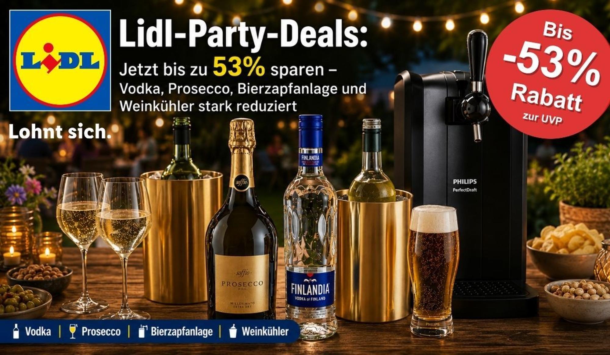 Philips PerfectDraft Bierzapfanlage, Finlandia Vodka, italienischer Prosecco und passendes Barzubehör auf einer Bartheke aufgereiht.