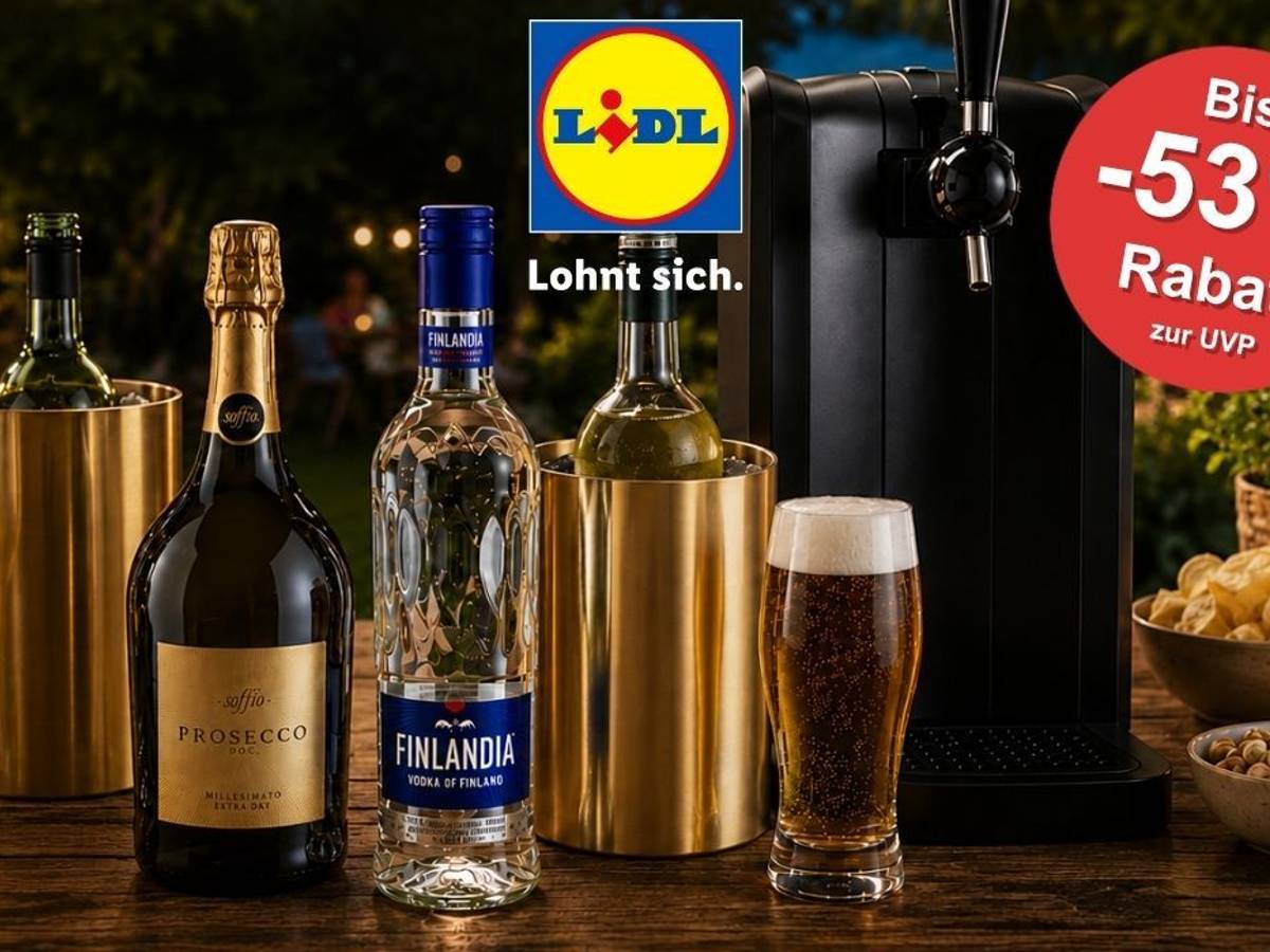 Philips PerfectDraft Bierzapfanlage, Finlandia Vodka, italienischer Prosecco und passendes Barzubehör auf einer Bartheke aufgereiht.