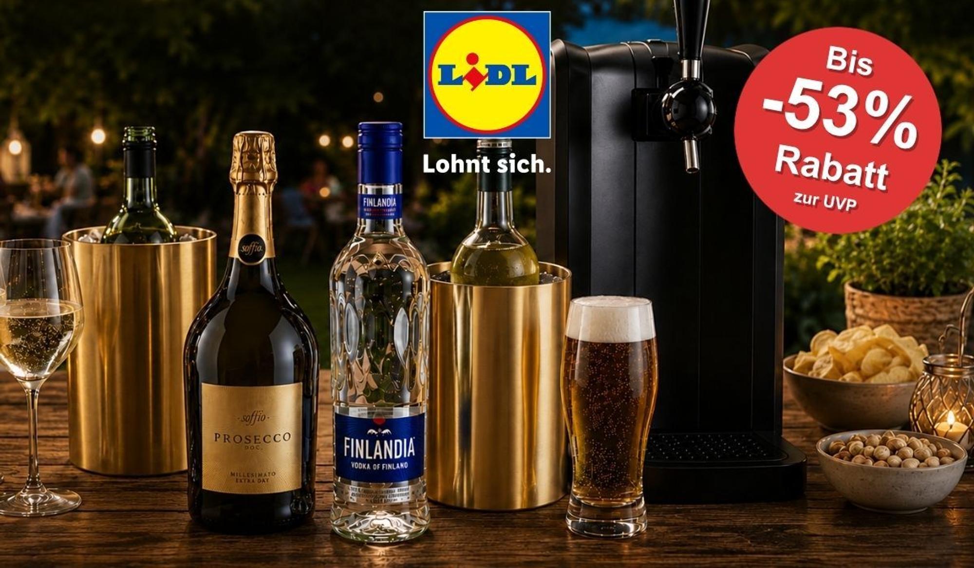 Philips PerfectDraft Bierzapfanlage, Finlandia Vodka, italienischer Prosecco und passendes Barzubehör auf einer Bartheke aufgereiht.