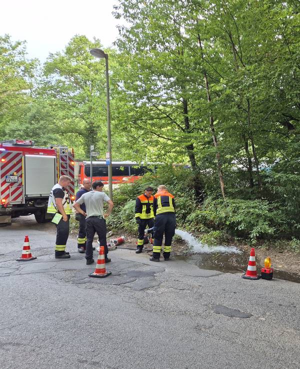 Einsatzkräfte der Feuerwehr bauen eine Wasserversorgung zum Brandort auf. In der Wahner Heide östlich von Köln kämpft die Feuerwehr gegen einen Waldbrand an. Es besteht der Verdacht, dass im Boden des früheren militärischen Übungsgeländes Munitionsreste liegen, die durch das Feuer explodieren könnten.