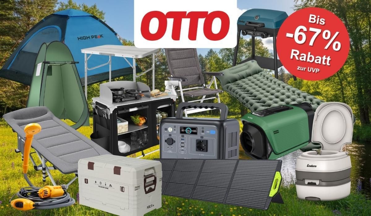 Camping-Produkte, darunter ein High Peak Kuppelzelt, ein Campingstuhl, ein Klapptisch, eine Campingküche, ein Gasgrill, eine Isomatte, ein Feldbett, eine Powerstation, ein Solarpanel, eine Kühlbox, eine Camping-Klimaanlage und eine portable Toilette vor einem Natur-Hintergrund am See.