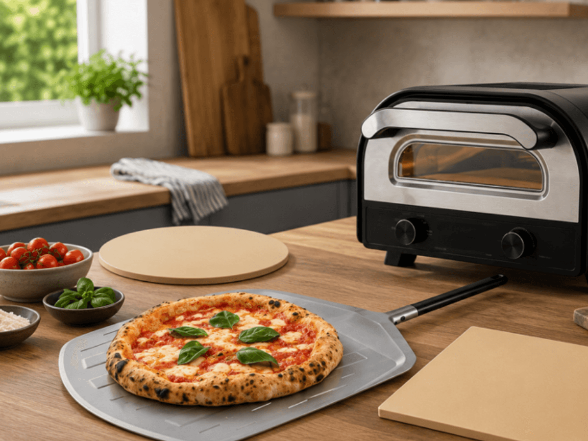 Ein Pizzaofen in einer Küche abgebildet.