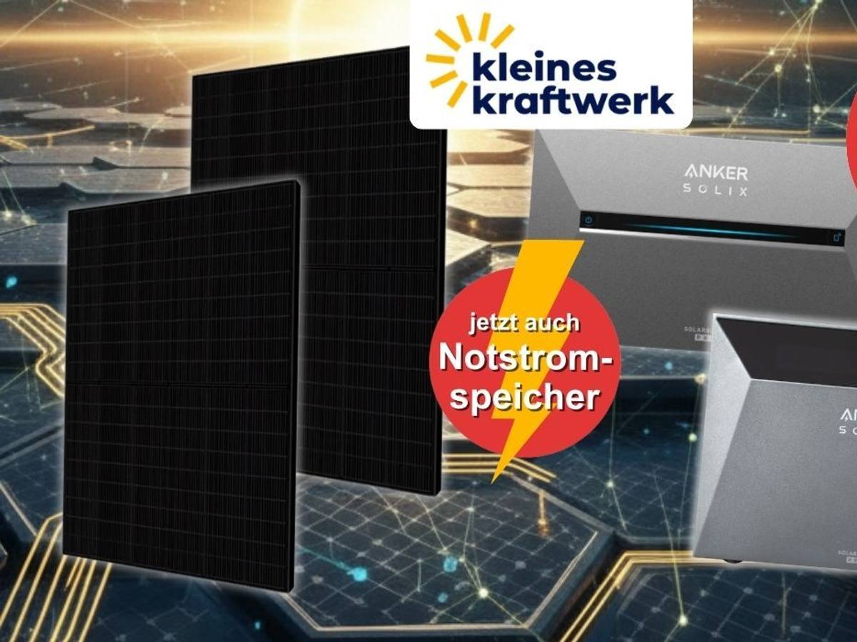 Kleines Kraftwerk Bild mit zwei Anker Solix Stromspeichern (Solarbank 3 Pro oben, Solarbank 4 Pro unten) vor einem futuristischen Solarpanel-Hintergrund. In der Mitte ein roter Button mit dem Hinweis „Jetzt auch Notstromspeicher". Rechts oben roter Button „Bis -40 % Rabatt zur UVP". Oben das Kleines-Kraftwerk-Logo.