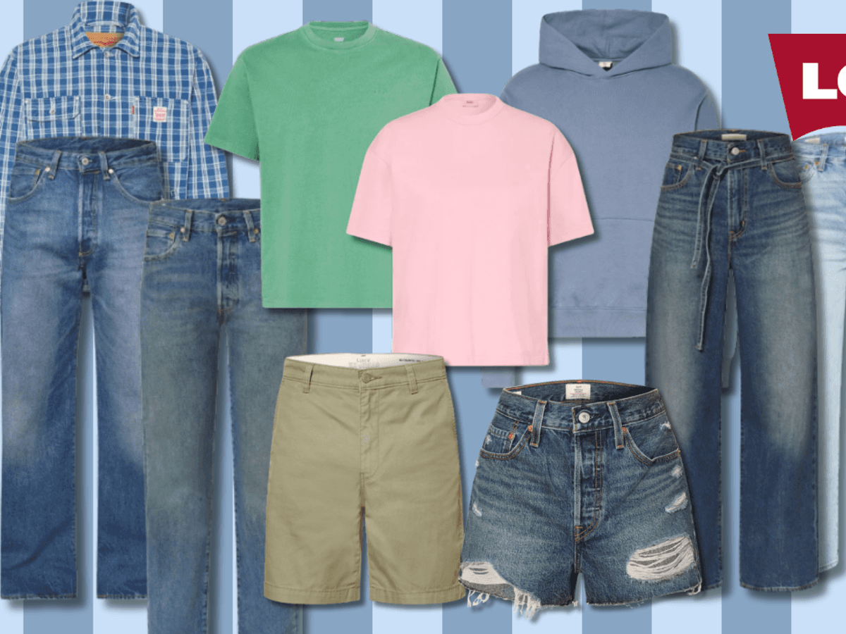 Mode von Levis vor einem gestreiften Hintergrund.
