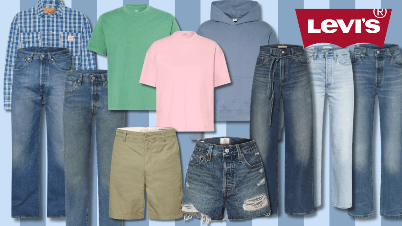 Mode von Levis vor einem gestreiften Hintergrund.