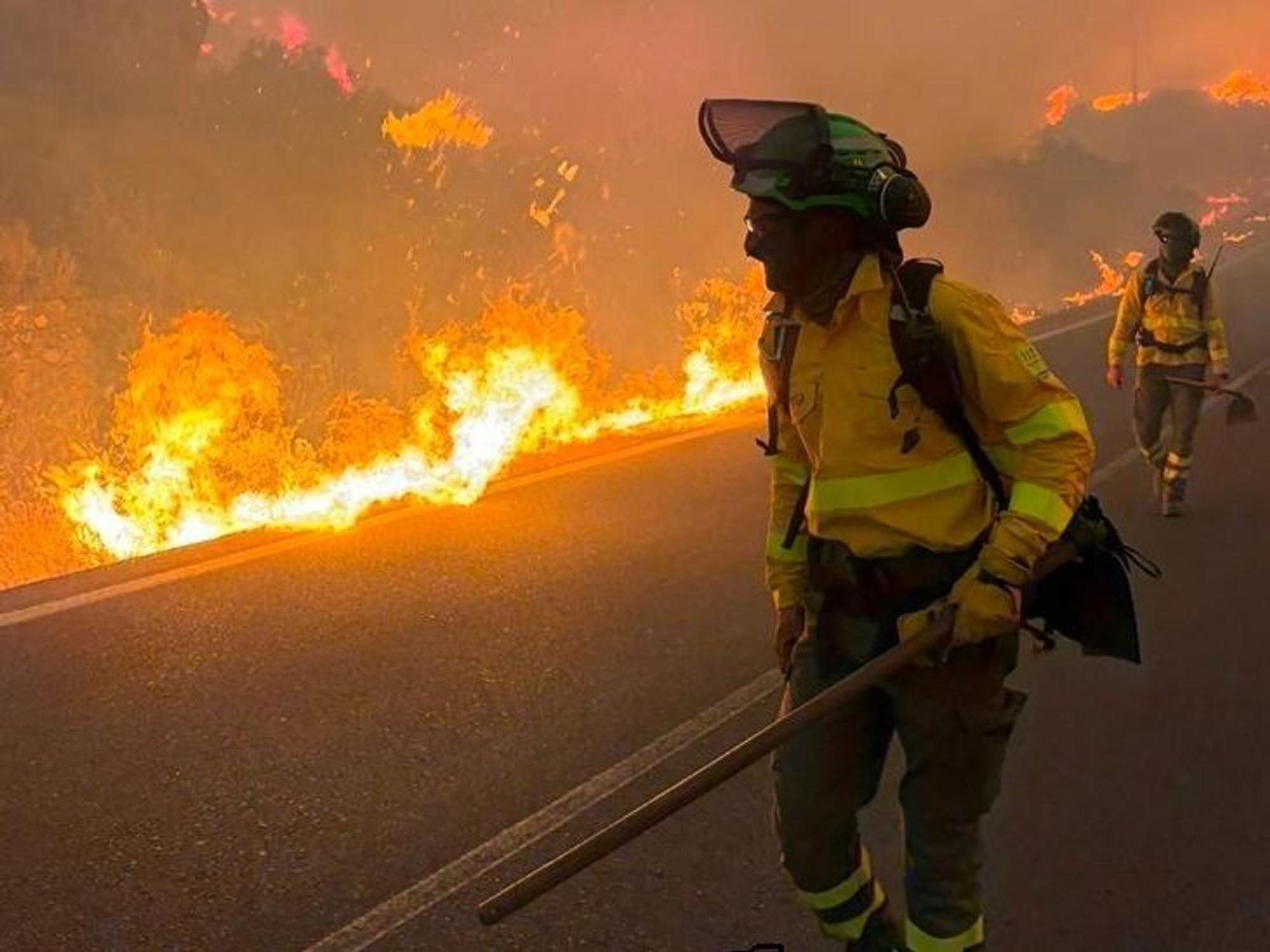Einsatzkräfte von Infoca bekämpfen die Flammen in Los Gallardos. Der Waldbrand in Almería gilt als der bislang schwerste in Andalusien