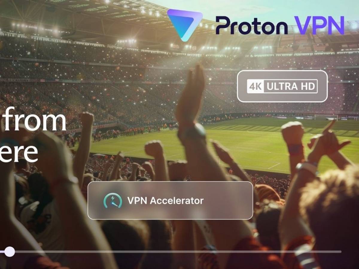 Jubelnde Fans im Fußballstadion mit Proton VPN Logo, 4K Ultra HD Anzeige und VPN Accelerator Funktion für sicheres WM-Streaming ohne Ländersperren.