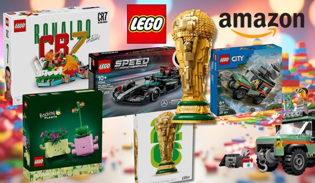 Fünf Lego-Bestseller im Amazon Sale: Cristiano Ronaldo Set, Mercedes-AMG F1 W15, FIFA WM-Pokal, LEGO City Offroad Geländewagen und LEGO Botanicals Schaukelnde Pflanzen.