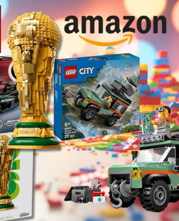 Fünf Lego-Bestseller im Amazon Sale: Cristiano Ronaldo Set, Mercedes-AMG F1 W15, FIFA WM-Pokal, LEGO City Offroad Geländewagen und LEGO Botanicals Schaukelnde Pflanzen.