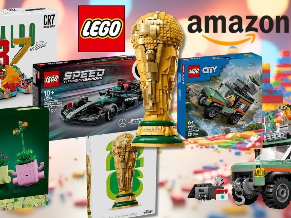 Fünf Lego-Bestseller im Amazon Sale: Cristiano Ronaldo Set, Mercedes-AMG F1 W15, FIFA WM-Pokal, LEGO City Offroad Geländewagen und LEGO Botanicals Schaukelnde Pflanzen.